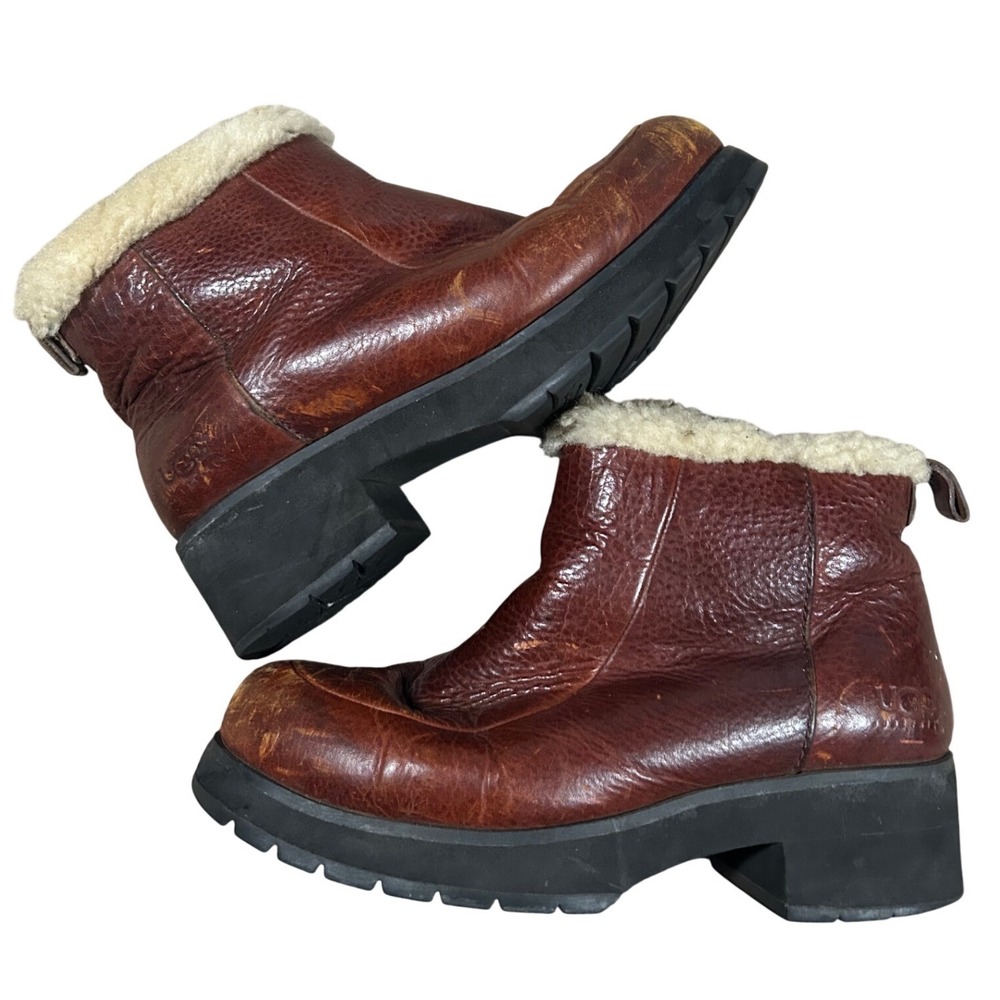 UGG Australia Brown Leather Shearling Lined Platform Ankle‎ Boots 7 Apres Boho
